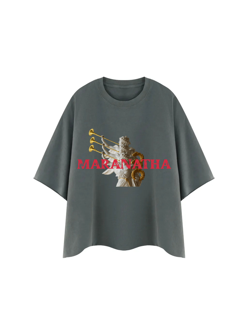 Gray t-shirt with a graphic design and 'Mariantha' text on a white background