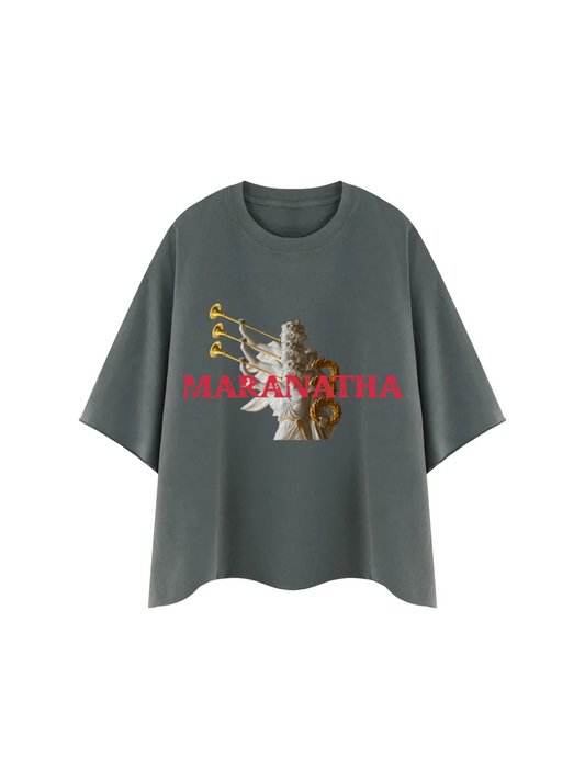 Gray t-shirt with a graphic design and 'Mariantha' text on a white background